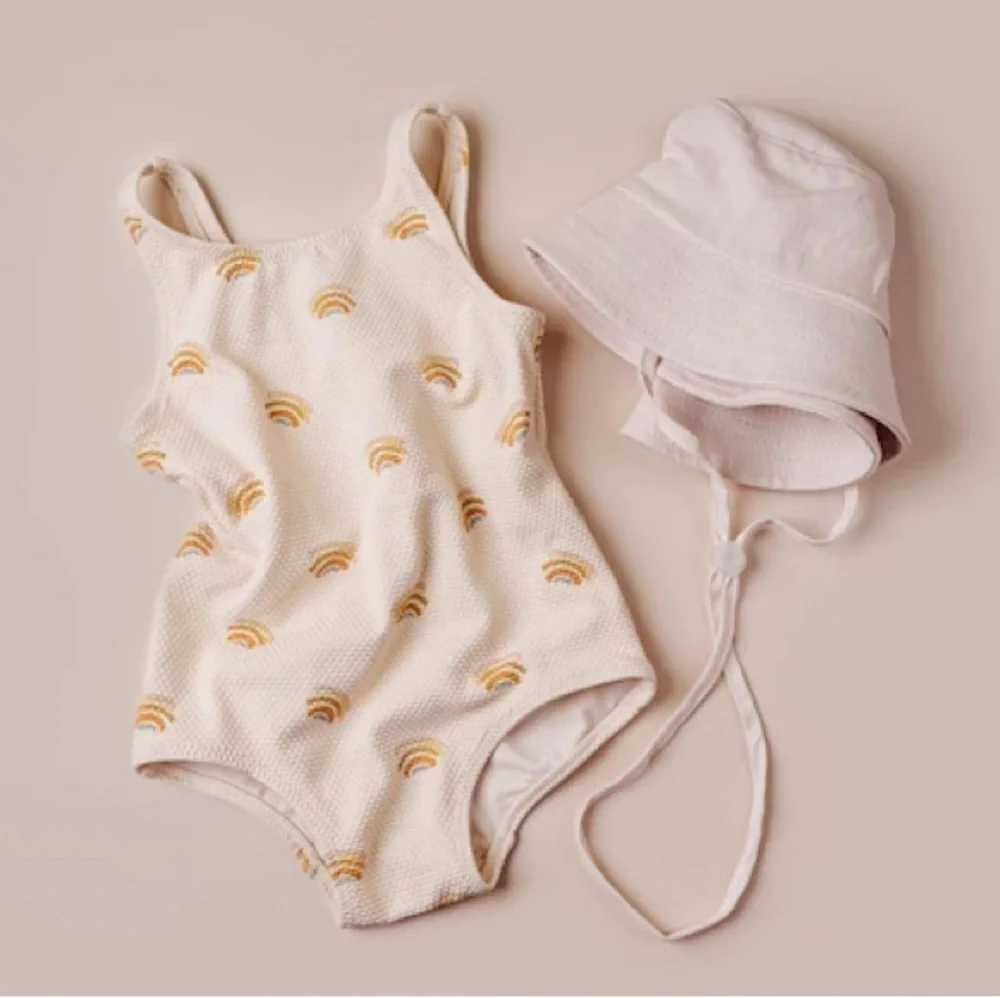 New With Tags One Piece H&M Kid’s Beige Rainbow SwimSuit Size 12-18M Preppy
